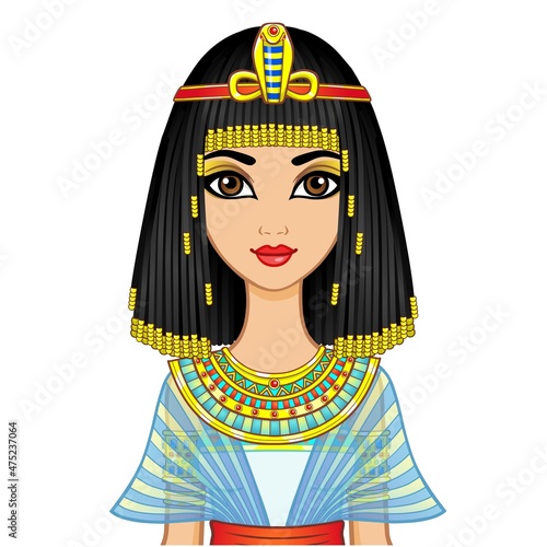 Animation Egyptian princess in ancient clothes and wig, gold jewelry. Queen, goddess, princess. Vector illustration isolated on a white background.