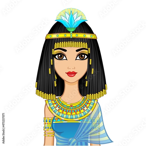 Animation portrait Egyptian  girl in ancient clothes with a papyrus flower on the head. Queen, goddess, princess. Vector illustration isolated on a white background.