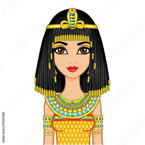 Animation Egyptian princess in ancient clothes and wig, gold jewelry. Queen, goddess, princess. Vector illustration isolated on a white background.