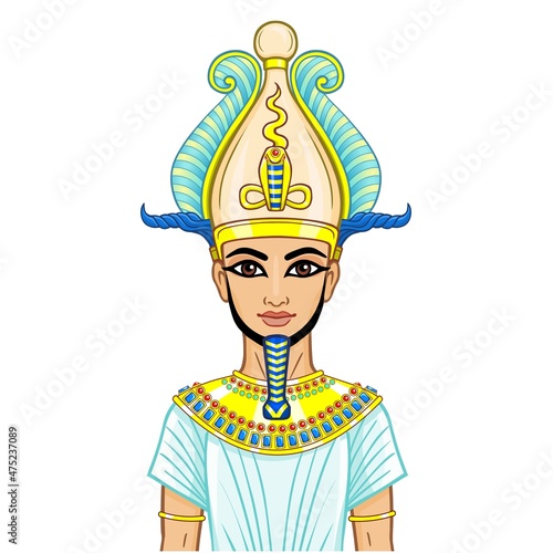 Animation Egyptian Pharaoh in the divine crown with horns and feathers. Vector illustration isolated on a white background.
