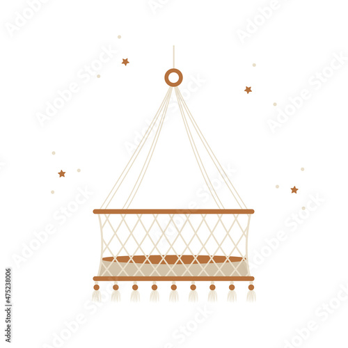 Boho baby hanging cradle. Hand drawn scandinavian wooden cot for newborn isolated on white background. Vector illustration in flat cartoon style.
