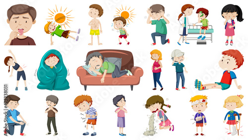 Set of sick people with different symptoms