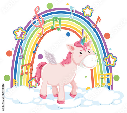 Unicorn standing on cloud with rainbow and melody symbol