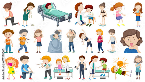 Set of sick people with different symptoms