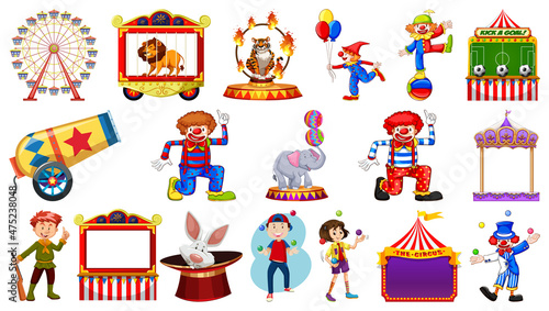 Set of circus characters and amusement park elements
