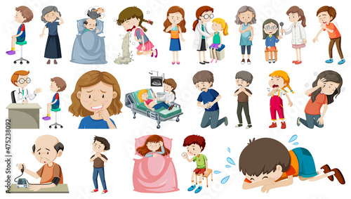 Set of sick people with different symptoms