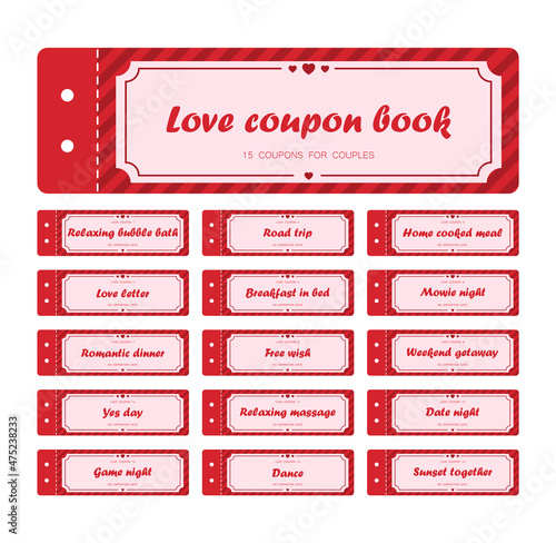 Coupon book for Valentines day. Love night tickets. Best gift for boyfriend. Present for couples. Vector cards templates in cartoon style.