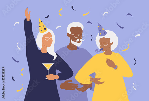 vector illustration - elderly people of different races have fun at the party. happy active old age. trend illustration in flat style