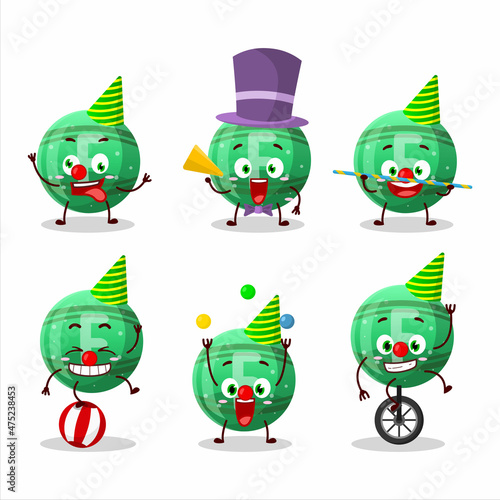 Cartoon character of green gummy candy F with various circus shows