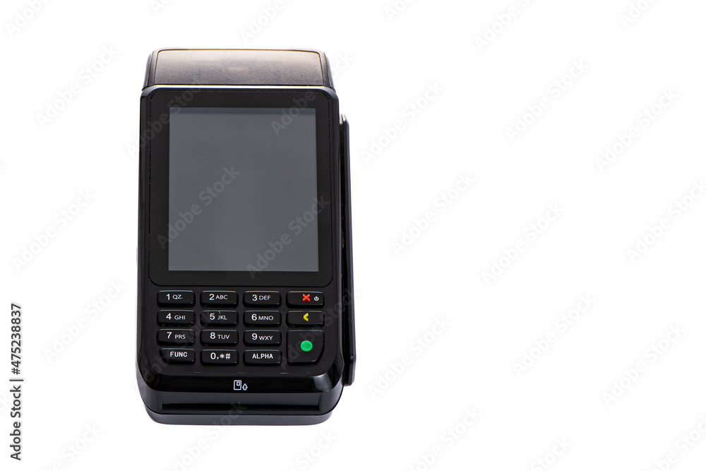 black payment terminal close-up for accepting money from plastic cards from customers on a white isolated background, copy space black payment terminal close-up for accepting money from plastic cards from customers on a white isolated background, copy space