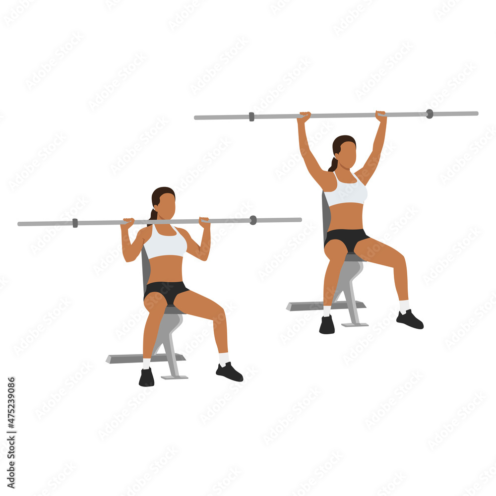 Woman doing Barbell shoulder press. overhead press exercise. Flat vector illustration isolated on white background Woman doing Barbell shoulder press. overhead press exercise. Flat vector illustration isolated on white background