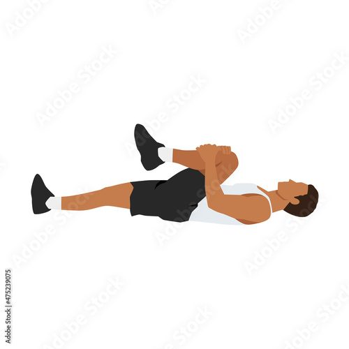 Man doing Knee to chest. lower back stretch exercise. Flat vector illustration isolated on white background