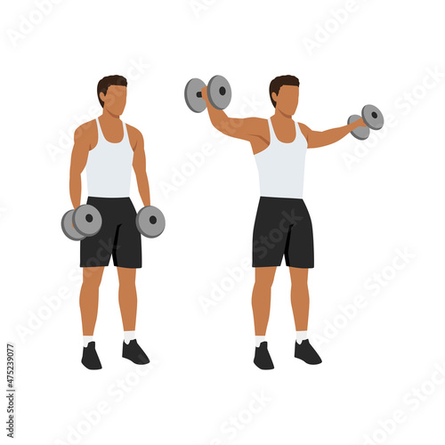 Man doing Lateral side shoulder dumbbell raises. Power partials exercise. Flat vector illustration isolated on white background