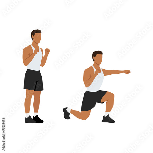 Man doing Lunge punches exercise. Flat vector illustration isolated on white background