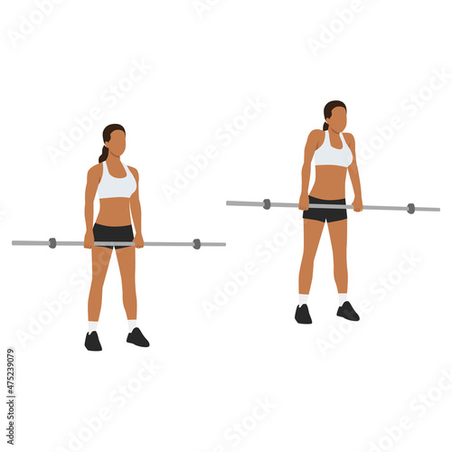 Woman doing Barbell shoulder shrugs exercise. Flat vector illustration isolated on white background