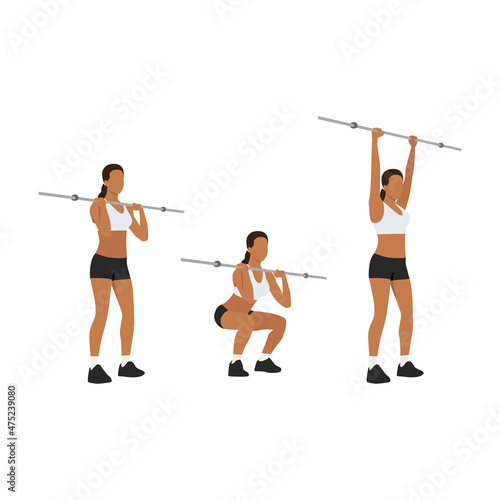 Woman doing Barbell push and press exercise. Flat vector illustration isolated on white background