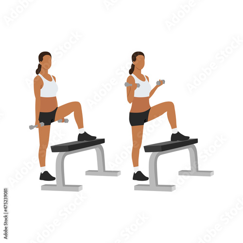 Woman doing Bicep. Split stance dumbbell curl exercise. Flat vector illustration isolated on white background