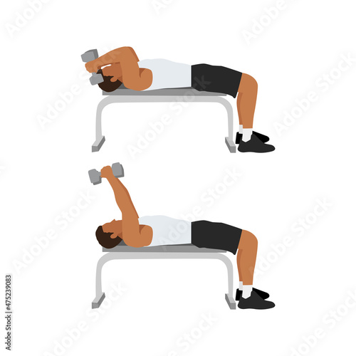 Man doing Lying dumbbell tricep extensions exercise. Flat vector illustration isolated on white background