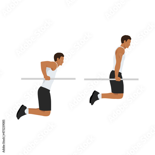 Man doing bar Dips exercise. Flat vector illustration isolated on white background