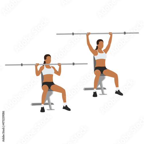 Woman doing Barbell shoulder press. overhead press exercise. Flat vector illustration isolated on white background