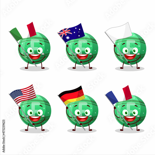 Green gummy candy F cartoon character bring the flags of various countries