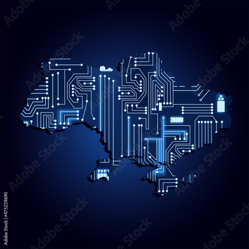 Map of Ukraine with electronic circuit. Contour map of Ukraine with a technological electronics circuit.