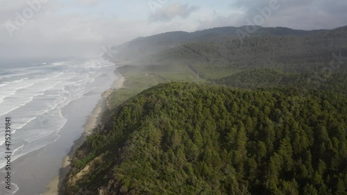Drone pans past a forested hill leading to the sandy beaches of Carl G. Washburne Memorial State Park, in Oregon. photo