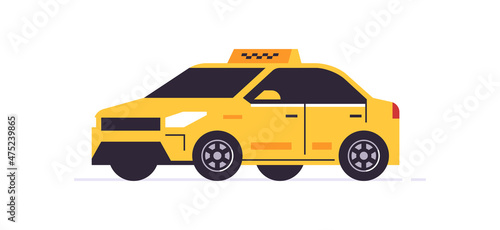 Yellow car of online taxi ordering service. Yellow car rear view. Urban cab service. Checkers on the roof. Vector illustration isolated on background.