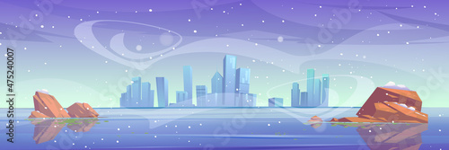 Winter city skyline at frozen waterfront bay. Urban cityscape background, futuristic metropolis architecture under snowfall. Luxury megapolis skyscraper buildings view, Cartoon vector illustration