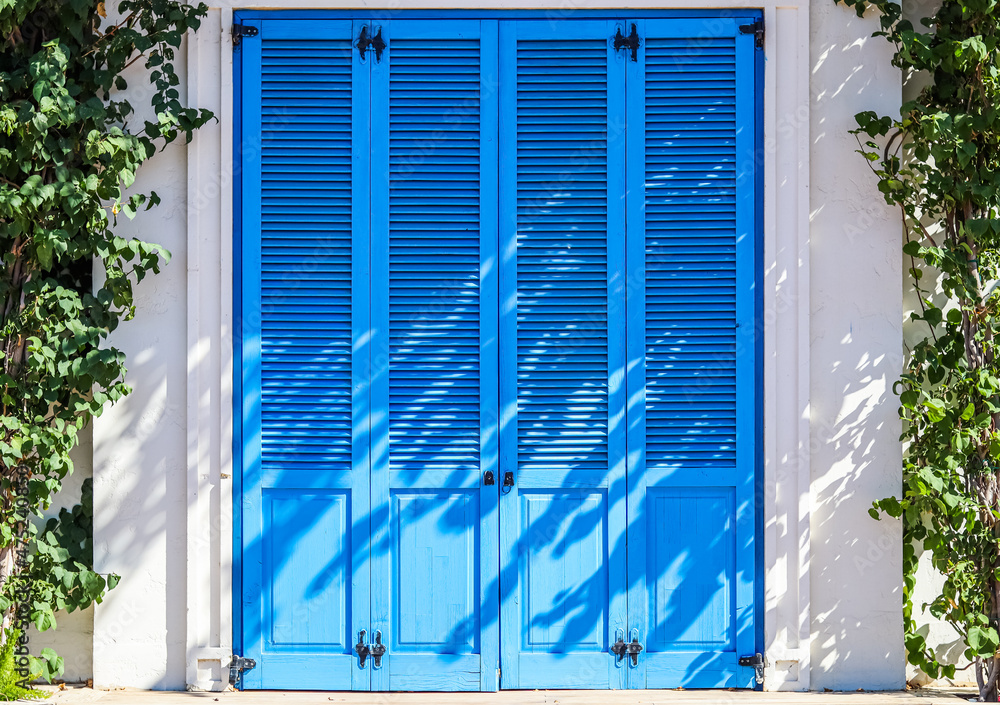 Texture of vintage blue door. Background of classic louver with