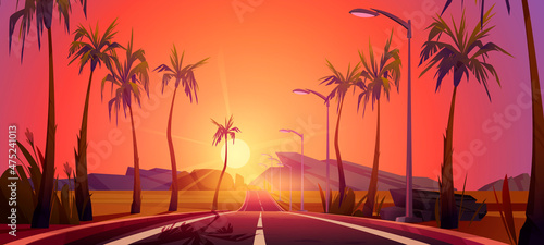 Road with palm trees by sides going into the distance sunset perspective view. Beautiful tropical dusk landscape with empty highway, red sky, bright sun go down the rocks, Cartoon vector illustration
