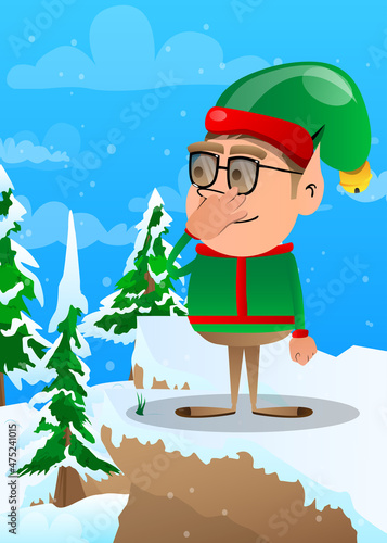 Christmas Elf holding his nose because of a bad smell. Vector cartoon character illustration of Santa Claus's little worker, helper.