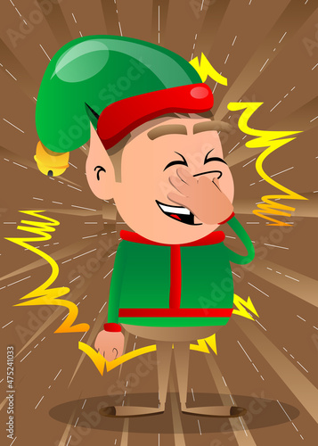 Christmas Elf holding his nose because of a bad smell. Vector cartoon character illustration of Santa Claus's little worker, helper.