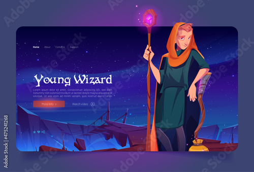 Young wizard banner with man sorcerer with magic staff and broom on rock with hanging rope bridge over abyss at night. Vector landing page with cartoon illustration of magician in medieval cloak