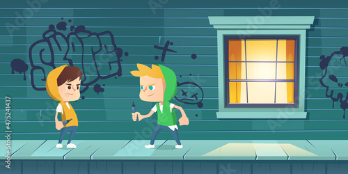 Boys paint graffiti on house. Teenagers with markers drawing street art. Concept of youth rebel culture, vandalism. Vector cartoon illustration of kids painting on green wall