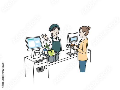 スーパーで買い物をする女性　会計　精算　セルフレジ　女性店員