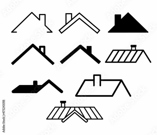Set of icons of roofs of houses with chimney pipe isolated. Simple vector illustrations for realtor logo, roof construction and repair.