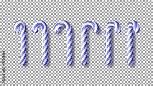 Set of purple Xmas candy canes isolated on checkered background. 3d realistic striped sweets in trendy colors of year for Christmas and New Year decoration. Holiday vector illustration.