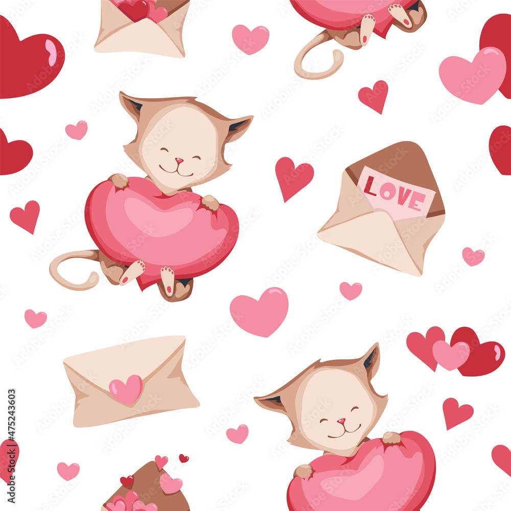 Seamless pattern for Valentine's day. Cute cat with hearts. Great for gift paper, cards, party and kids decor.