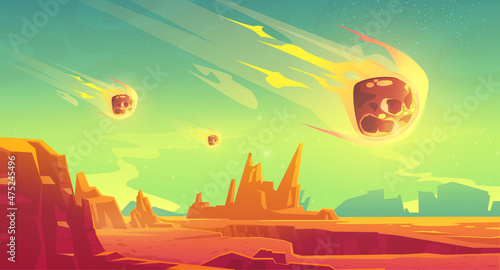 Meteor shower on alien planet with red desert and rocks. Vector cartoon illustration of Mars surface landscape and falling fireballs, flying meteorites with fire from cosmos
