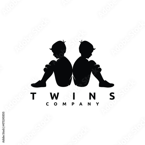 twins kids sitting silhouette logo design vector