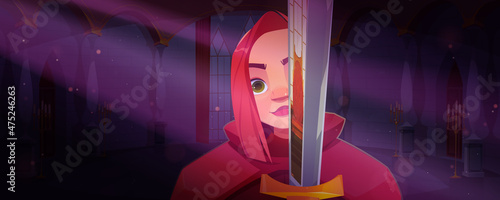 Ancient warrior woman, medieval female knight, heraldic soldier with sword, guard with blade in red cape. Young ginger girl fighter portrait in royal palace, cartoon character, Vector illustration