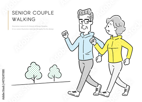 ベクターイラスト素材：ウォーキング、運動するシニア夫婦
