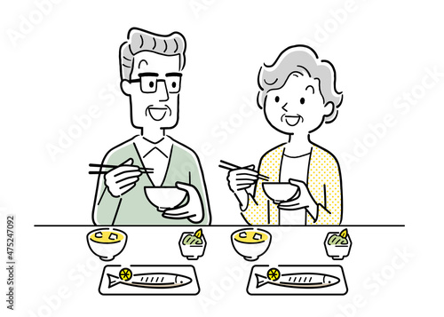 ベクターイラスト素材：食事をするシニア夫婦
