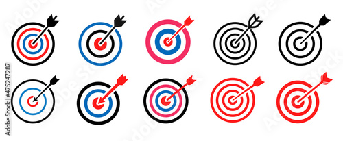 Target icon set. Target vector icons. Goal different shapes and colors. Target with arrow. Stock vector.