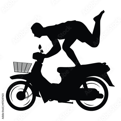 Thai motorcycle racing boy with strange position riding silhouette vector isolated on white background