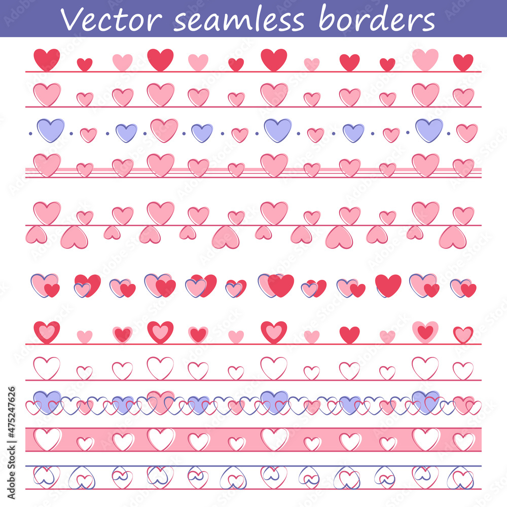 Vector seamless brush lines and borders set with hearts. Hand drawn strokes collection. Decorative design elements. Vector seamless brush lines and borders set with hearts. Hand drawn strokes collection. Decorative design elements.