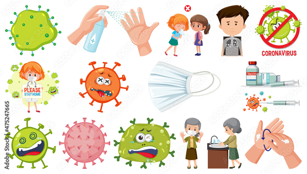 Fototapeta premium Cartoon character and Coronavirus vaccination isolated objects