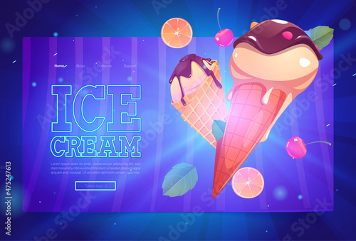 Ice cream banner with frozen dairy dessert with chocolate in waffle cones. Vector landing page with cartoon illustration of sundae in wafer with orange, cherry and mint leaves