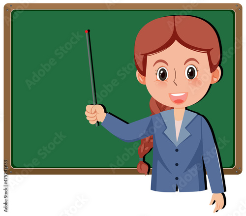 Young woman teacher teaching cartoon character